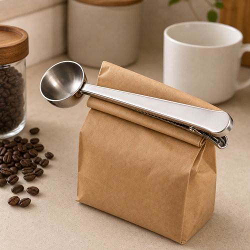 Coffee Scoop Bag Clip clamping a folded coffee bag closed