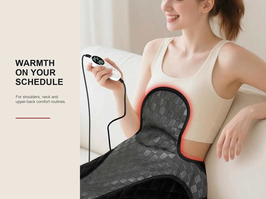 Shoulder wrap used during an at-home comfort routine